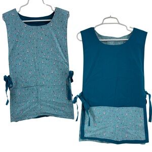 Teal Mushroom Print reversible handmade tie side Apron smock pink vintage